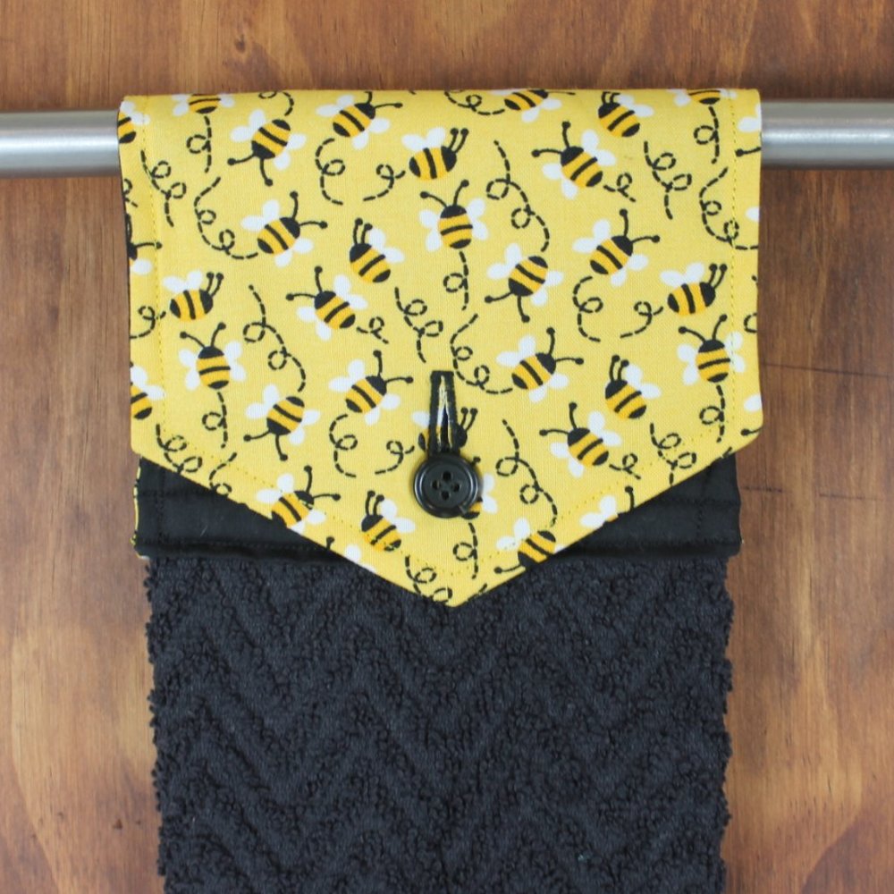BUMBLE BEE PRINT HAND TOWEL BLACK & YELLOW HANDMADE HANGING KITCHEN BLACK COTTON